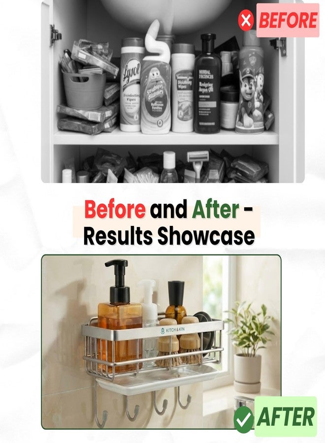 KITCH & KIN Stainless Steel Kitchen & Washroom Sink Organiser with Hooks and Drain Tray - Wall Mount Soap Stand, Sponge Holder and Adhesive Storage Rack for Cleaning Essentials - Image 5